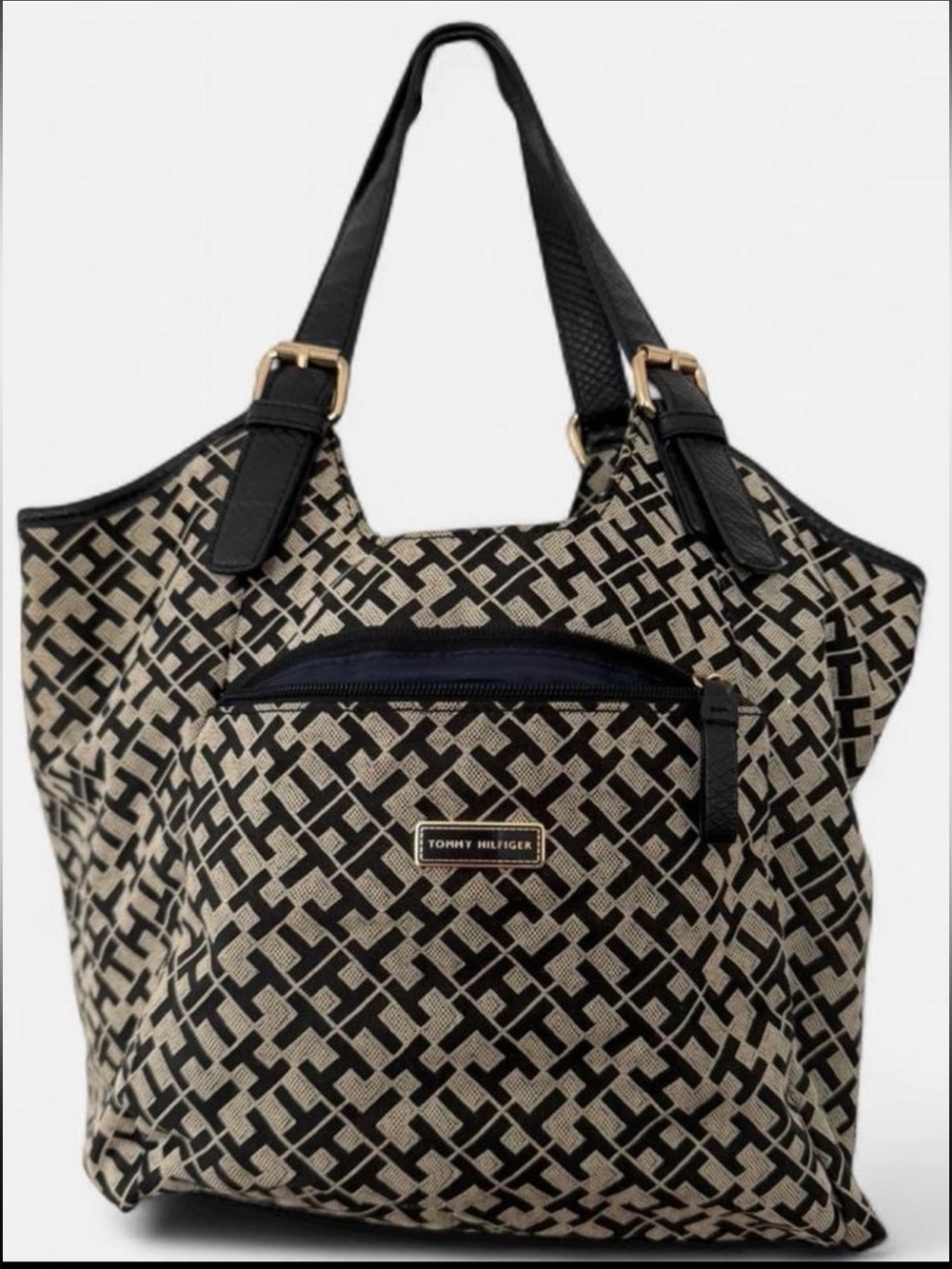 Tommy Hilfiger Black & Beige Logo-Print Monogram Large Tote Bag